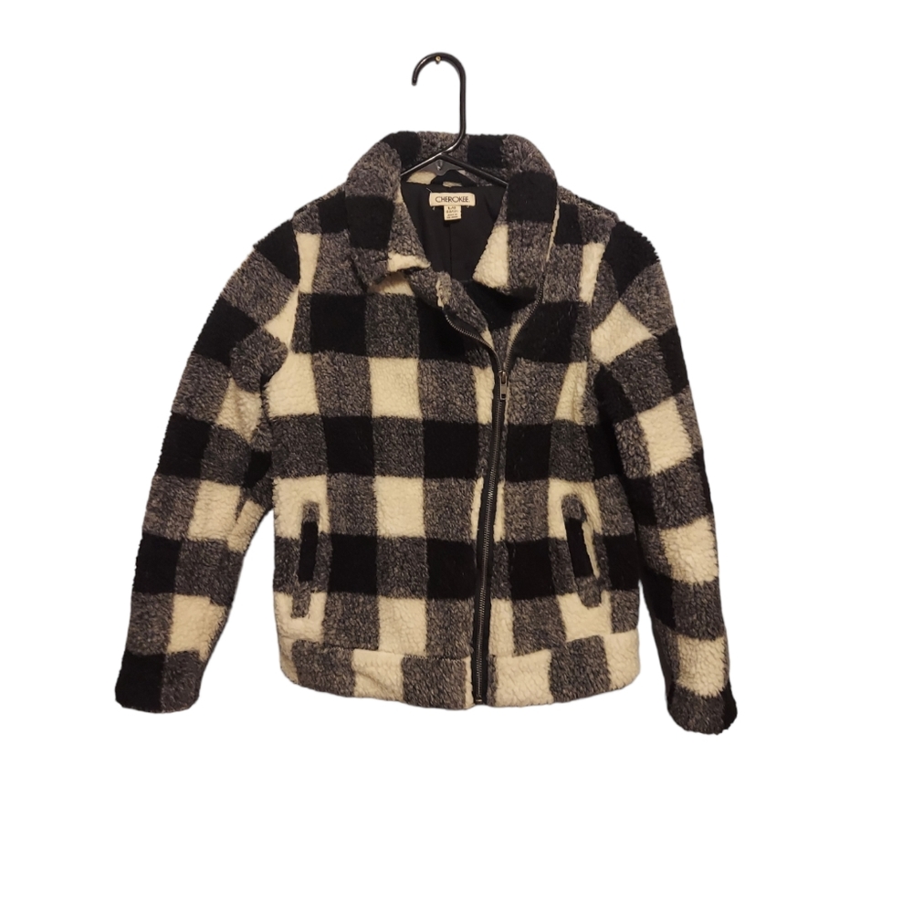 Cherokee Jacket Size Large 10/12 Black/White Buffalo Plaid Zip Up Coat Winter
